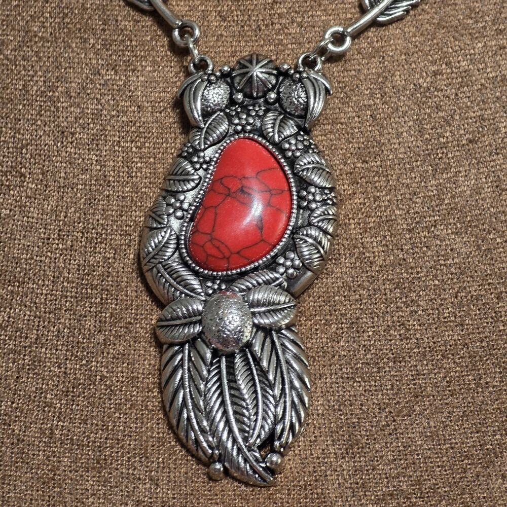 Paparazzi Red Stone Feather Statement Necklace & Earrings Silver Tone Western